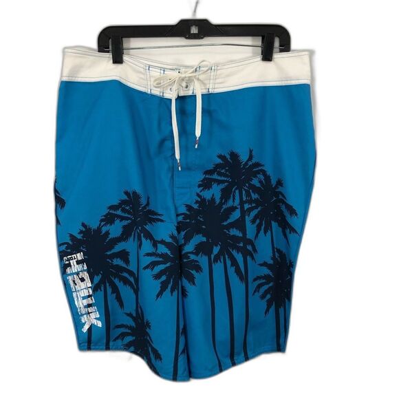 Hawk by Tony Hawk Blue & White Board Shorts With Black Palm Trees Size 36 Waist - Picture 1 of 10